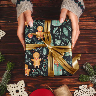 Navy Blue Gingerbread Men & Christmas Greenery Wrapping Paper