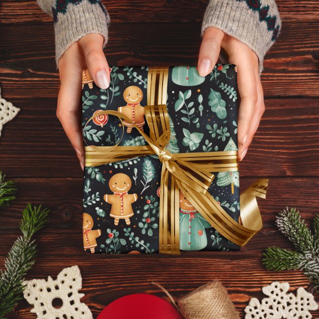 Navy Blue Gingerbread Men & Christmas Greenery Wrapping Paper (Creator Uploaded)