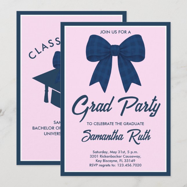 Navy Blue Gingham Bow Graduation Party Invitation (Front/Back)