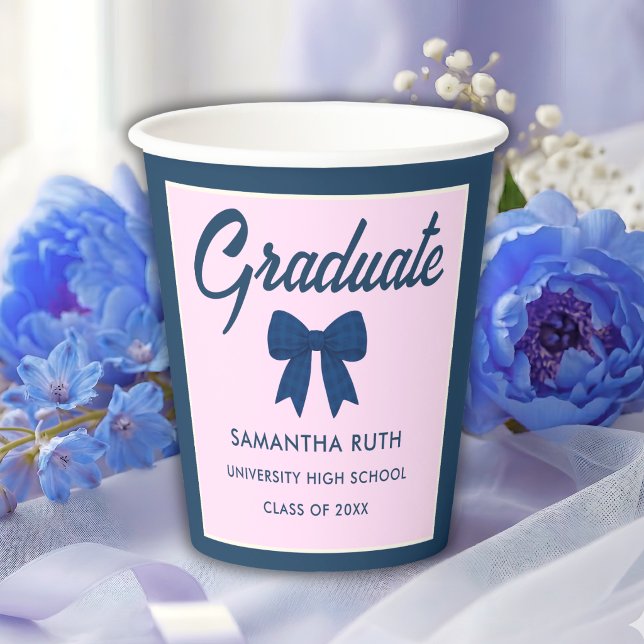Navy Blue Gingham Bow Graduation Party Paper Cups (Creator Uploaded)