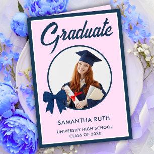 Navy Blue Gingham Bow Photo Graduation  Card