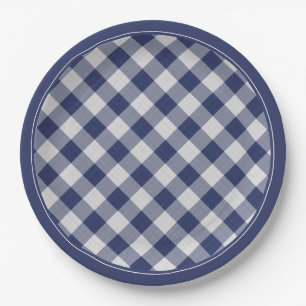 Navy Blue Gingham Checks Pattern Simple Plaid Paper Plate