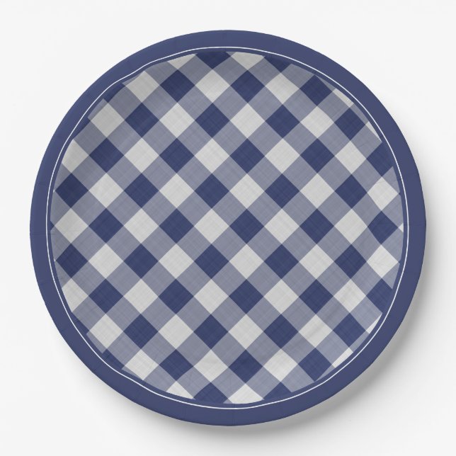 Navy Blue Gingham Checks Pattern Simple Plaid Paper Plate (Front)