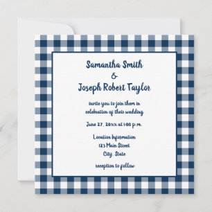 Navy Blue Gingham Country Wedding Invitation