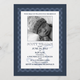 Navy Blue Gingham Dreams Photo Birth Announcements