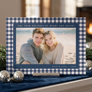 Navy Blue Gingham Frame Photo Foil Holiday Card