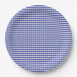 Navy Blue Gingham Pattern Paper Plate