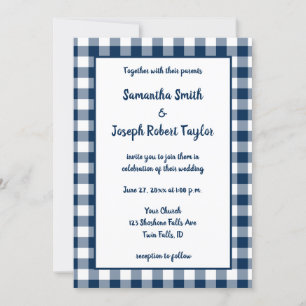 Navy Blue Gingham Pattern Wedding Invitation