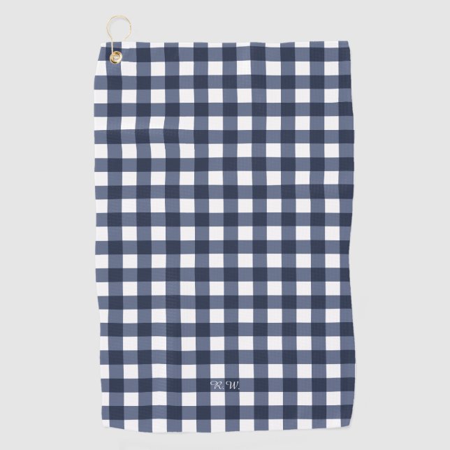 Navy Blue Gingham Plaid Golf Towel (Front)