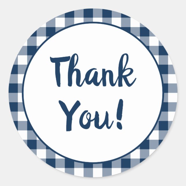 Navy Blue Gingham Thank You Classic Round Sticker (Front)