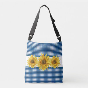 Navy Blue Gingham with Sunflowers Crossbody Bag