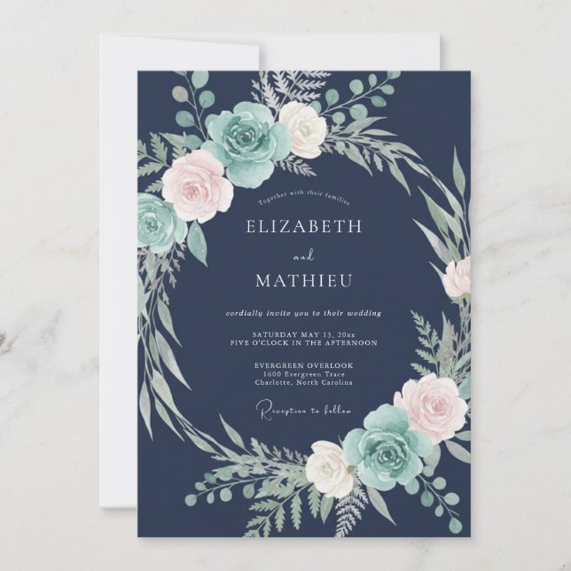 Navy Blue Glacial Floral Wedding Invitation (Front)
