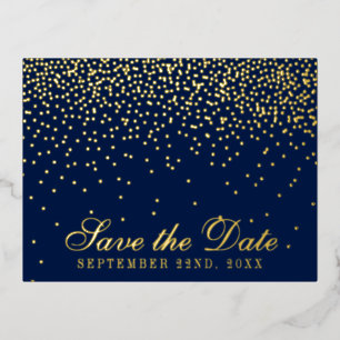 Navy Blue & Glam Confetti Save The Date Real Foil Invitation Postcard