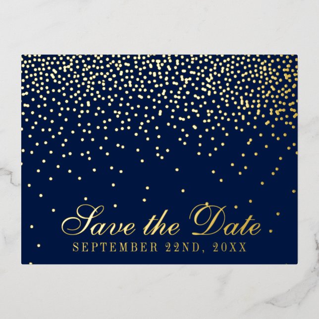 Navy Blue & Glam Confetti Save The Date Real Foil Invitation Postcard (Front)