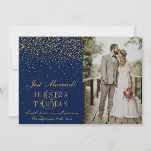 Navy Blue & Glam Gold Confetti Photo Wedding Announcement