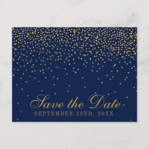 Navy Blue & Glam Gold Confetti Save The Date Announcement Postcard