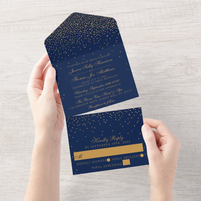 Navy Blue & Glam Gold Confetti Wedding All In One Invitation (Tearaway)