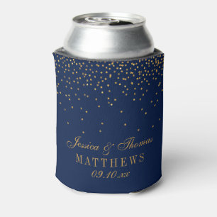 Navy Blue & Glam Gold Confetti Wedding Can Cooler