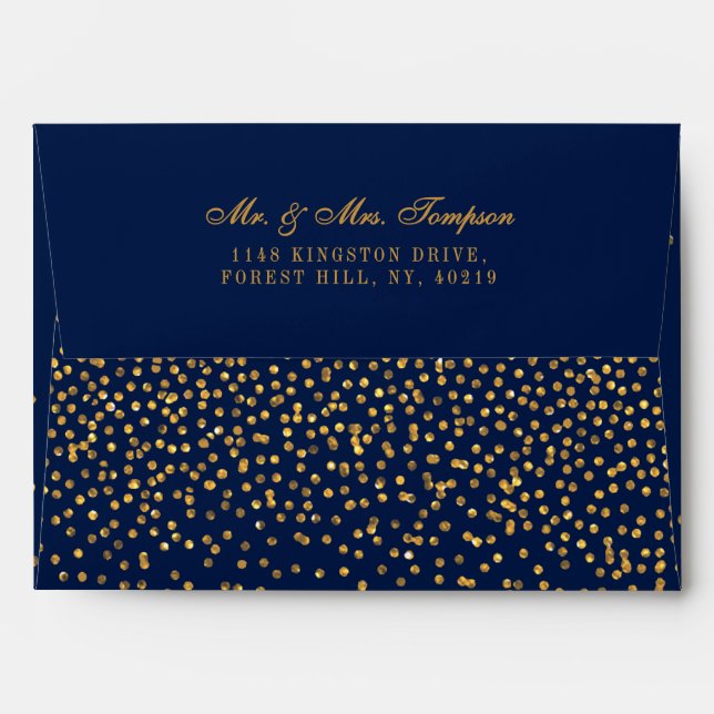 Navy Blue & Glam Gold Confetti Wedding Envelope (Back (Top Flap))