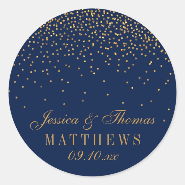 Navy Blue & Glam Gold Confetti Wedding Favour Classic Round Sticker (Front)