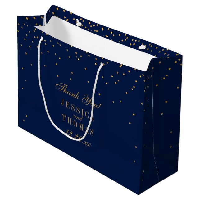 Navy Blue & Glam Gold Confetti Wedding Favour Large Gift Bag (Front Angled)