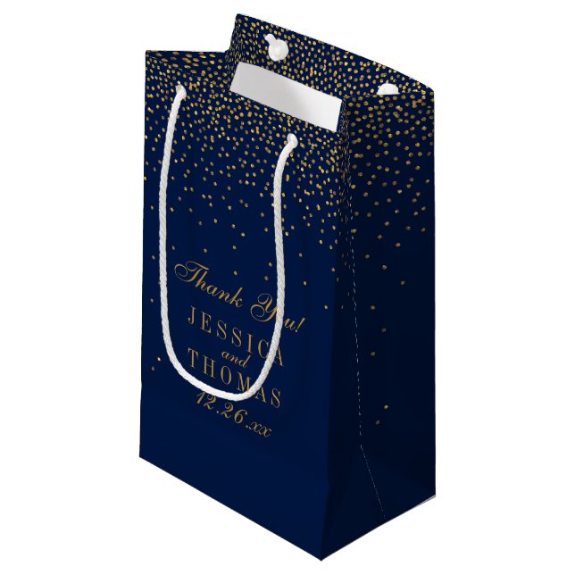 Navy Blue & Glam Gold Confetti Wedding Favour Small Gift Bag (Front Angled)
