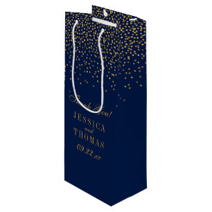 Navy Blue & Glam Gold Confetti Wedding Favour Wine Gift Bag