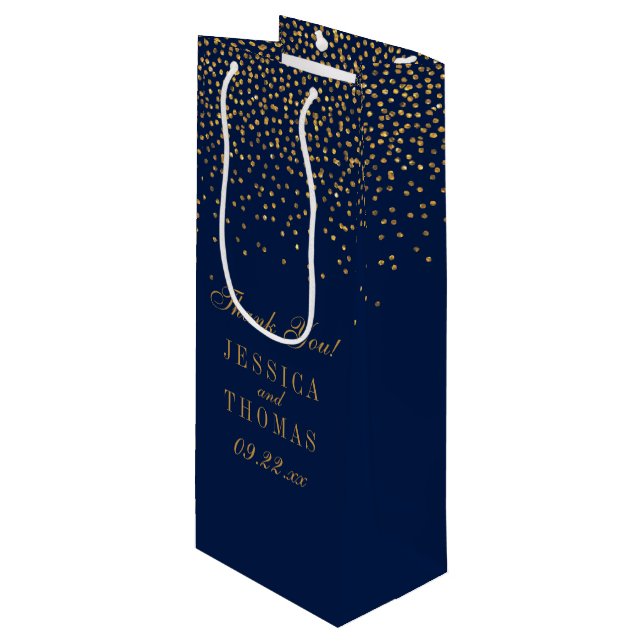 Navy Blue & Glam Gold Confetti Wedding Favour Wine Gift Bag (Front Angled)
