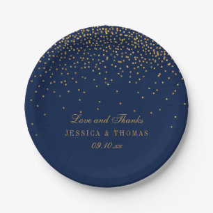 Navy Blue & Glam Gold Confetti Wedding Paper Plate