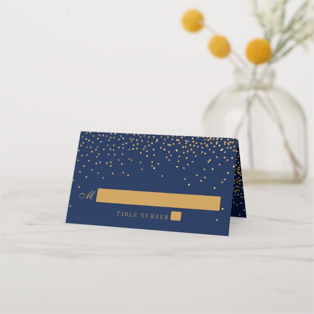 Navy Blue & Glam Gold Confetti Wedding Place Card (Front)