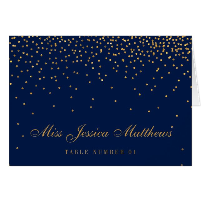 Navy Blue & Glam Gold Confetti Wedding Place Cards (Front Horizontal)