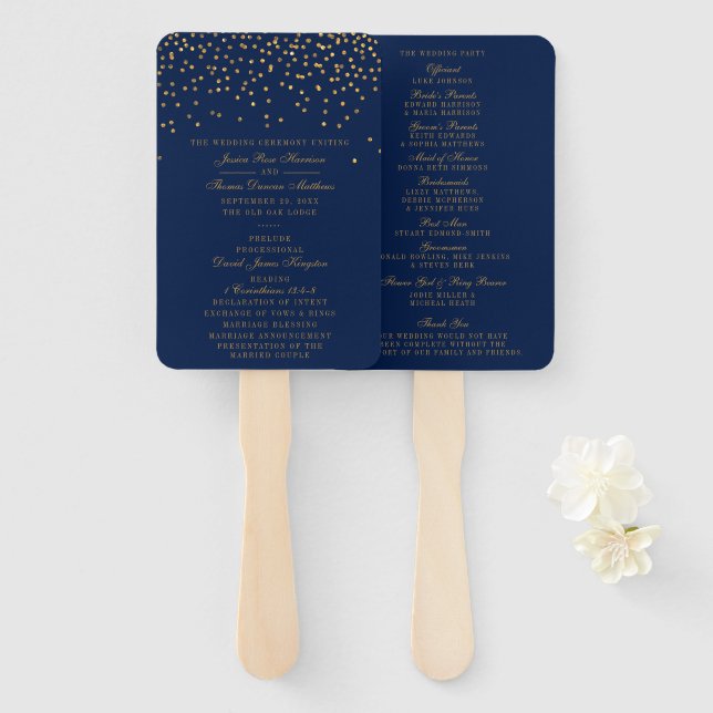 Navy Blue & Glam Gold Confetti Wedding Program Hand Fan (Front and Back)