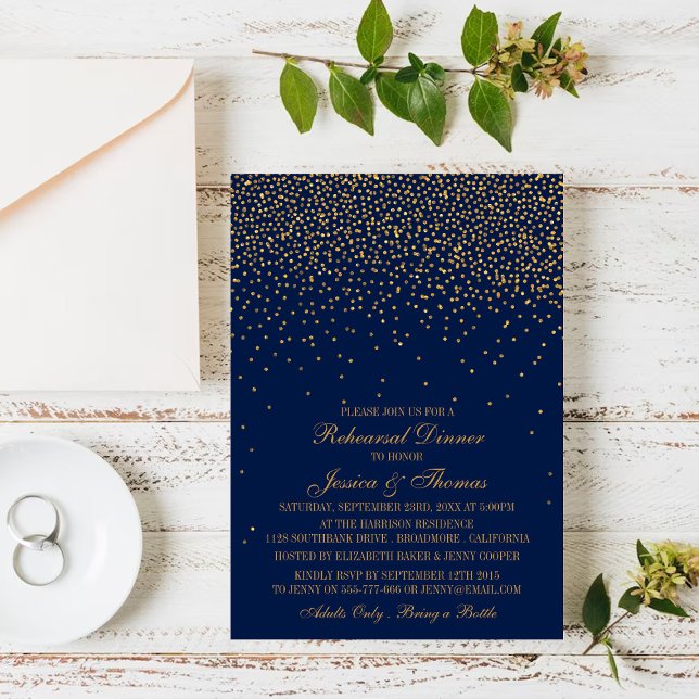 Navy Blue & Glam Gold Confetti Wedding Rehearsal Invitation (Creator Uploaded)