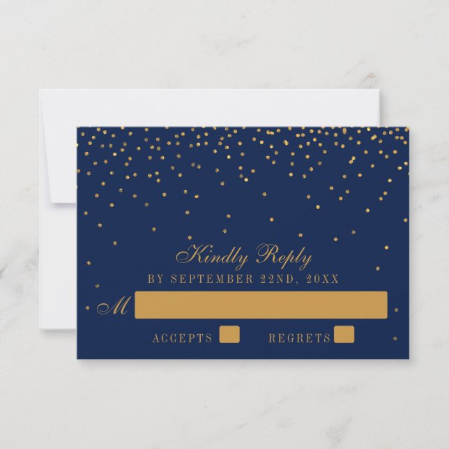 Navy Blue & Glam Gold Confetti Wedding RSVP (Front)