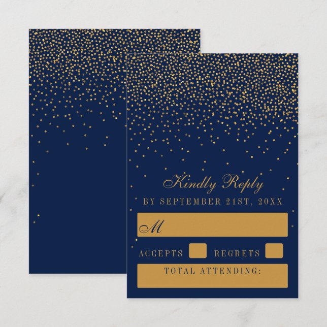 Navy Blue & Glam Gold Confetti Wedding RSVP Card (Front/Back)