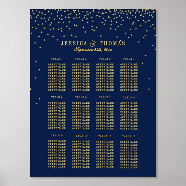 Navy Blue & Glam Gold Confetti Wedding Seating Foil Prints (Front)
