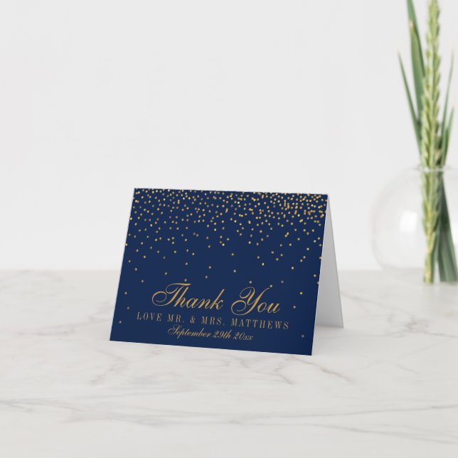Navy Blue & Glam Gold Confetti Wedding Thank You Card (Front)