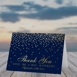 Navy Blue & Glam Gold Confetti Wedding Thank You Foil Greeting Card