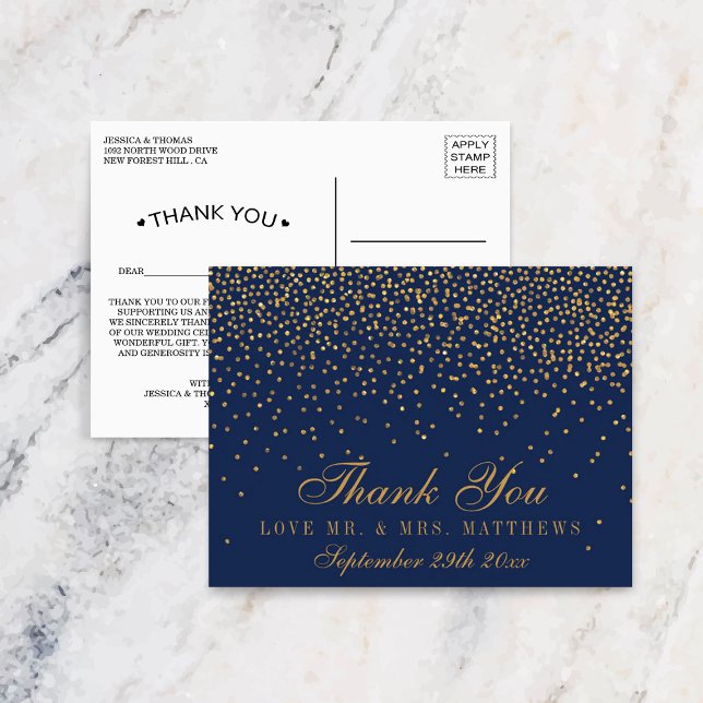 Navy Blue & Glam Gold Confetti Wedding Thank You Postcard (Creator Uploaded)