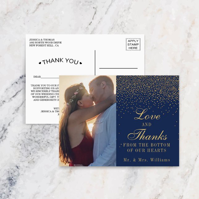 Navy Blue & Glam Gold Confetti Wedding Thank You Postcard (Creator Uploaded)