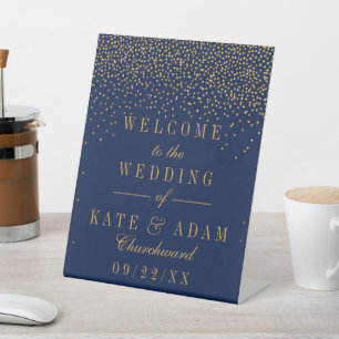 Navy Blue & Glam Gold Confetti Wedding Welcome Pedestal Sign