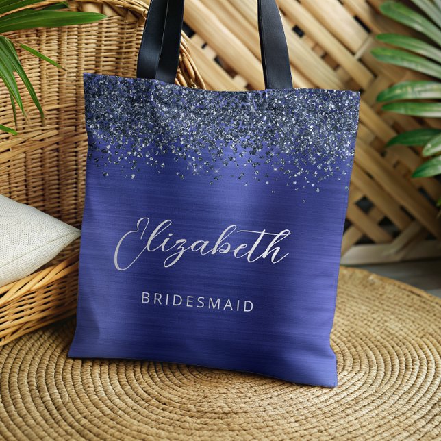 Navy Blue Glam Metallic Script Bridesmaid Tote Bag (Creator Uploaded)