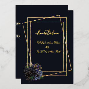 Navy Blue Glam Roses and Black and Gold Foil