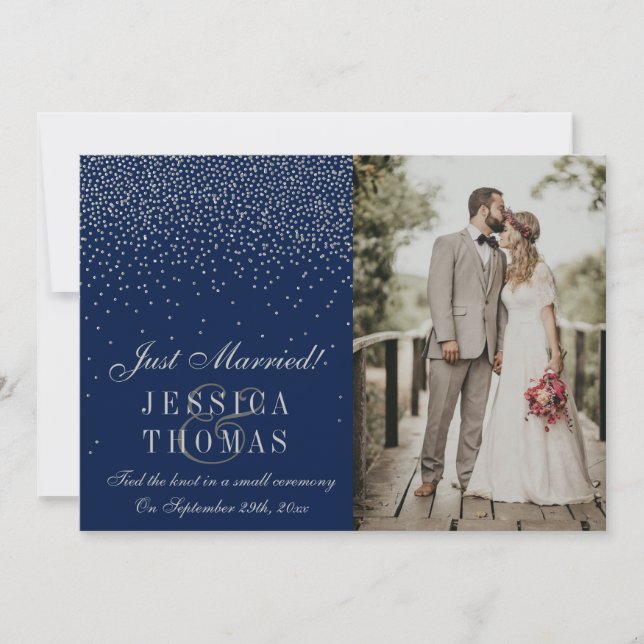 Navy Blue & Glam Silver Confetti Photo Wedding Announcement (Front)