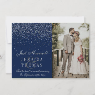 Navy Blue & Glam Silver Confetti Photo Wedding Announcement