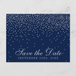 Navy Blue & Glam Silver Confetti Save The Date Announcement Postcard