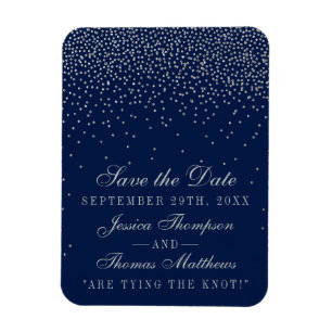 Navy Blue & Glam Silver Confetti Save The Date Magnet