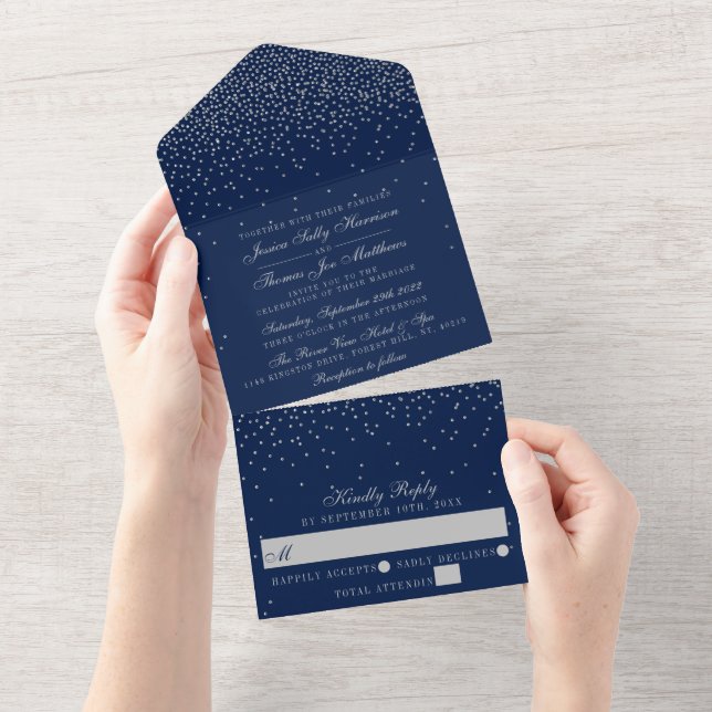 Navy Blue & Glam Silver Confetti Wedding All In One Invitation (Tearaway)