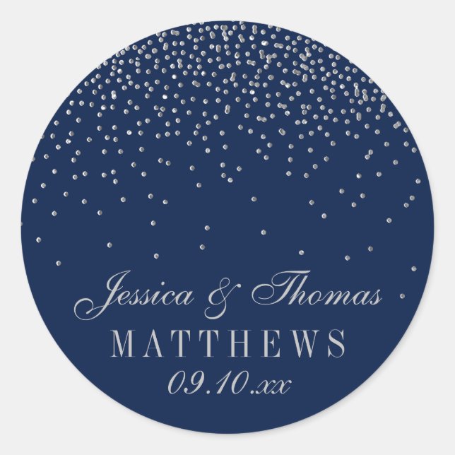 Navy Blue & Glam Silver Confetti Wedding Classic Round Sticker (Front)