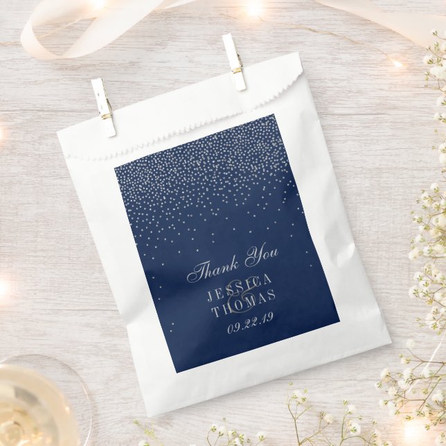 Navy Blue & Glam Silver Confetti Wedding Favour Bags (Clipped)
